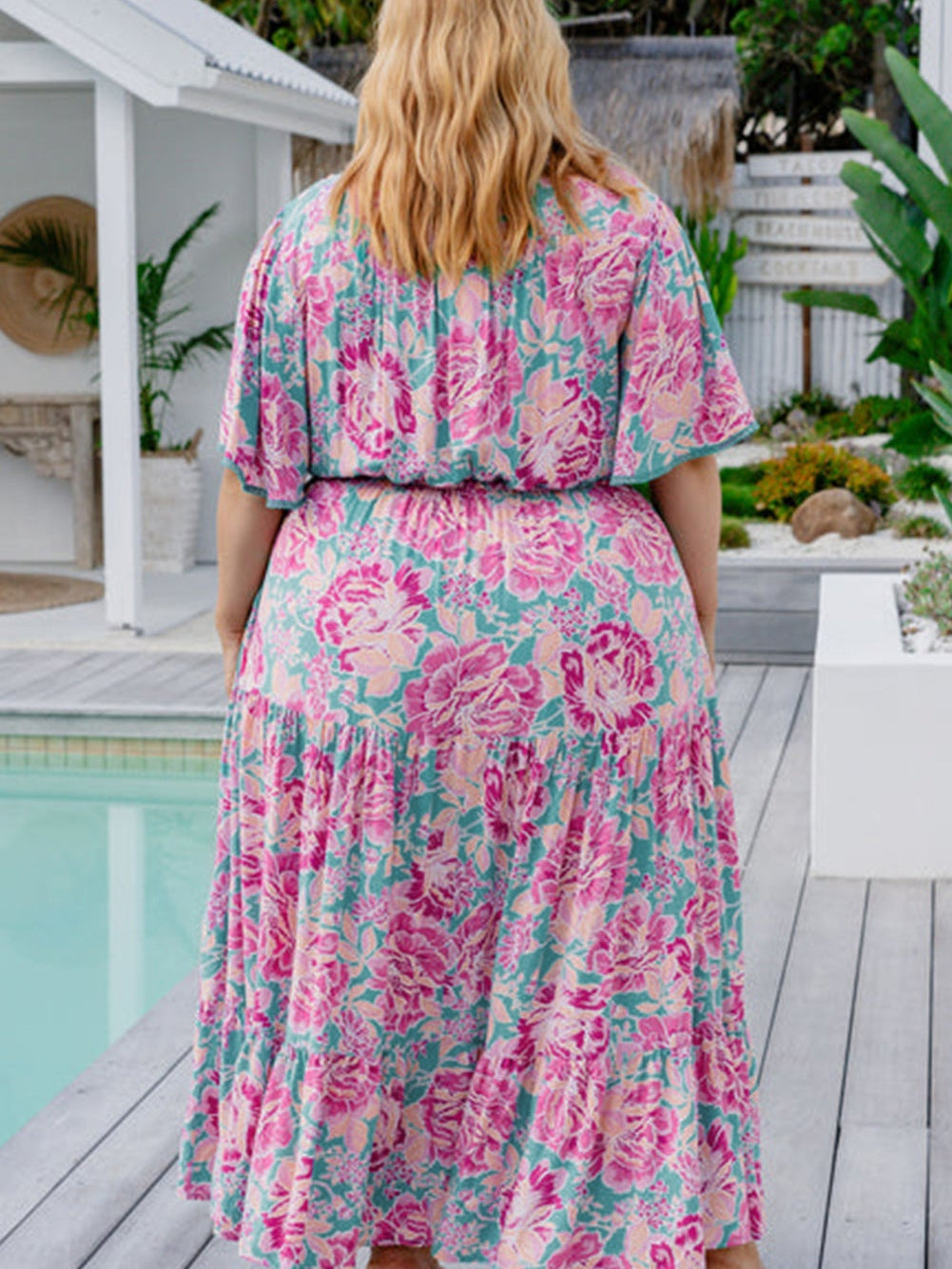 Elegant Purple Floral V Neck A-Line Maxi Dress with Ruffle Detail