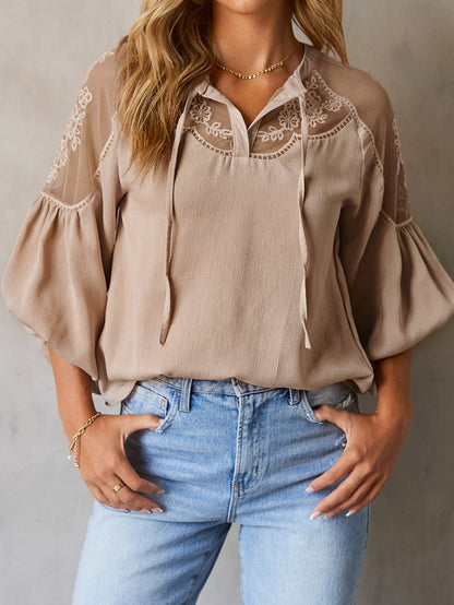 Elegant Lace Trimmed V-Neck Blouse