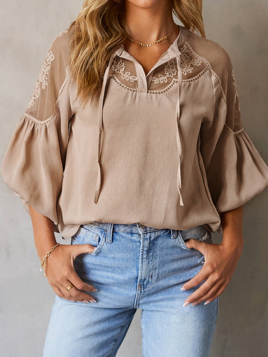 Elegant Lace Trimmed V-Neck Blouse