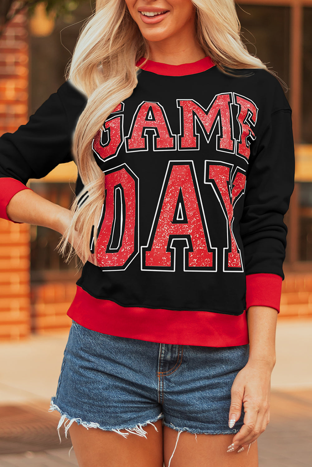 Black GAME DAY Letter Graphic Varsity Striped Detail Baggy Sweatshirt