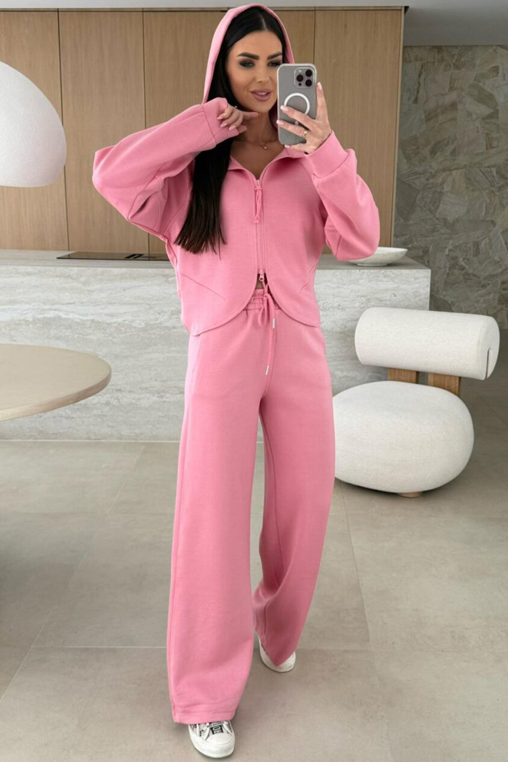 Pink Solid Color Zip Up Hoodie Drawstring Loose Pants Set