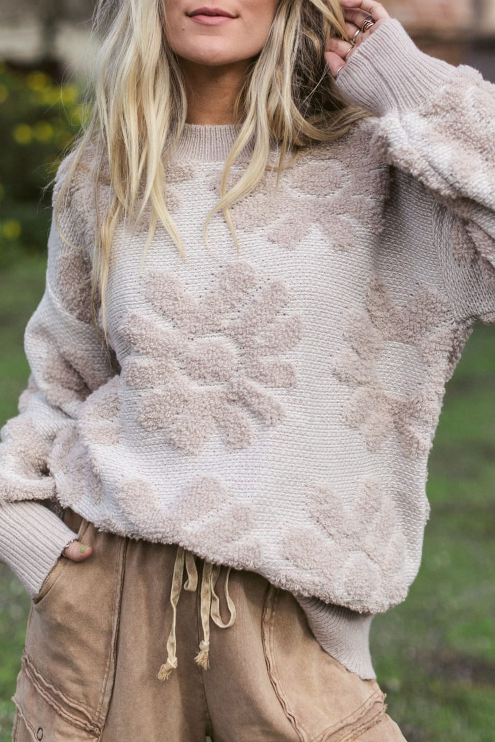 Khaki Plush Flower Pattern Drop Shoulder Sweater