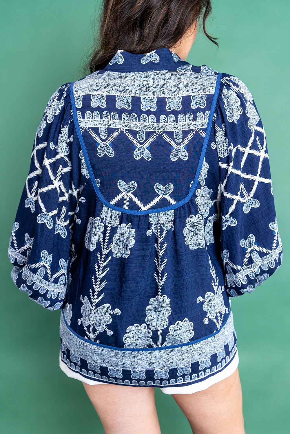 Blue Plus Size Printed Contrasted Trim Notched Neck Long Sleeve Blouse