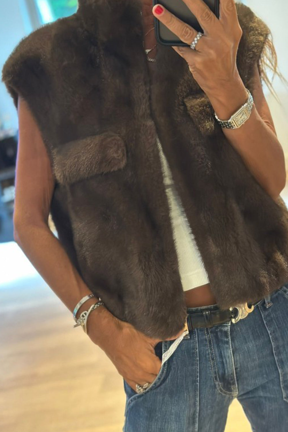 Chicory Coffee Faux Fur Stand Neck Zip Up Winter Vest