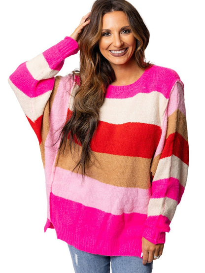 Fiery Red Mix Horizon Stripes Dolman Sleeve Pullover Sweater