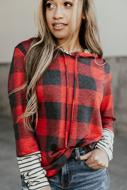 Fiery Red Christmas Plaid Striped Hooded Patchwork Sweatshirt