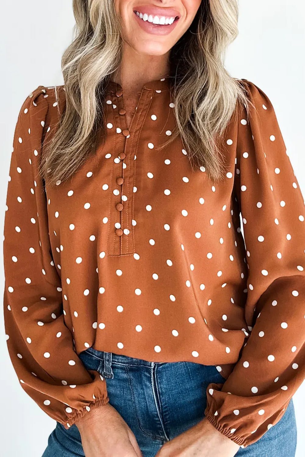 White Polka Dot Print Half Button Elastic Cuffs Long Sleeve Blouse
