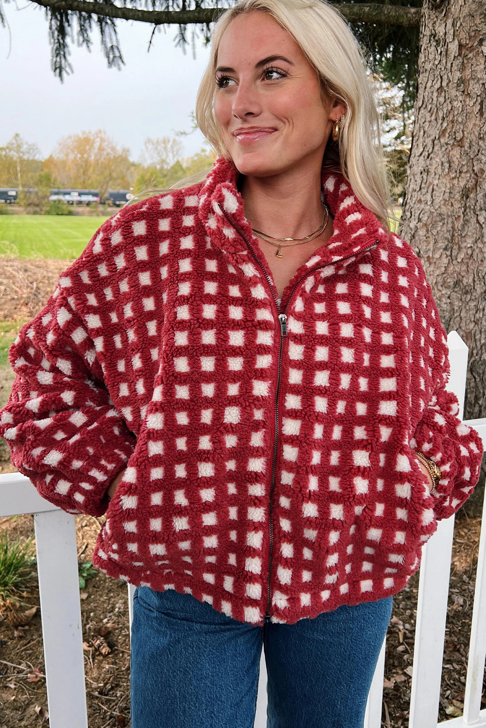 Red Plush Plaid Zip Up Cozy Winter Coat