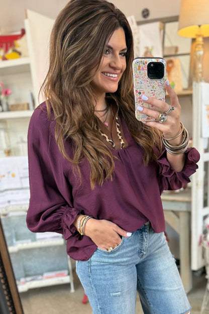 Violet Leopard Trim Notched Neck Flounced Bracelet Sleeve Blouse