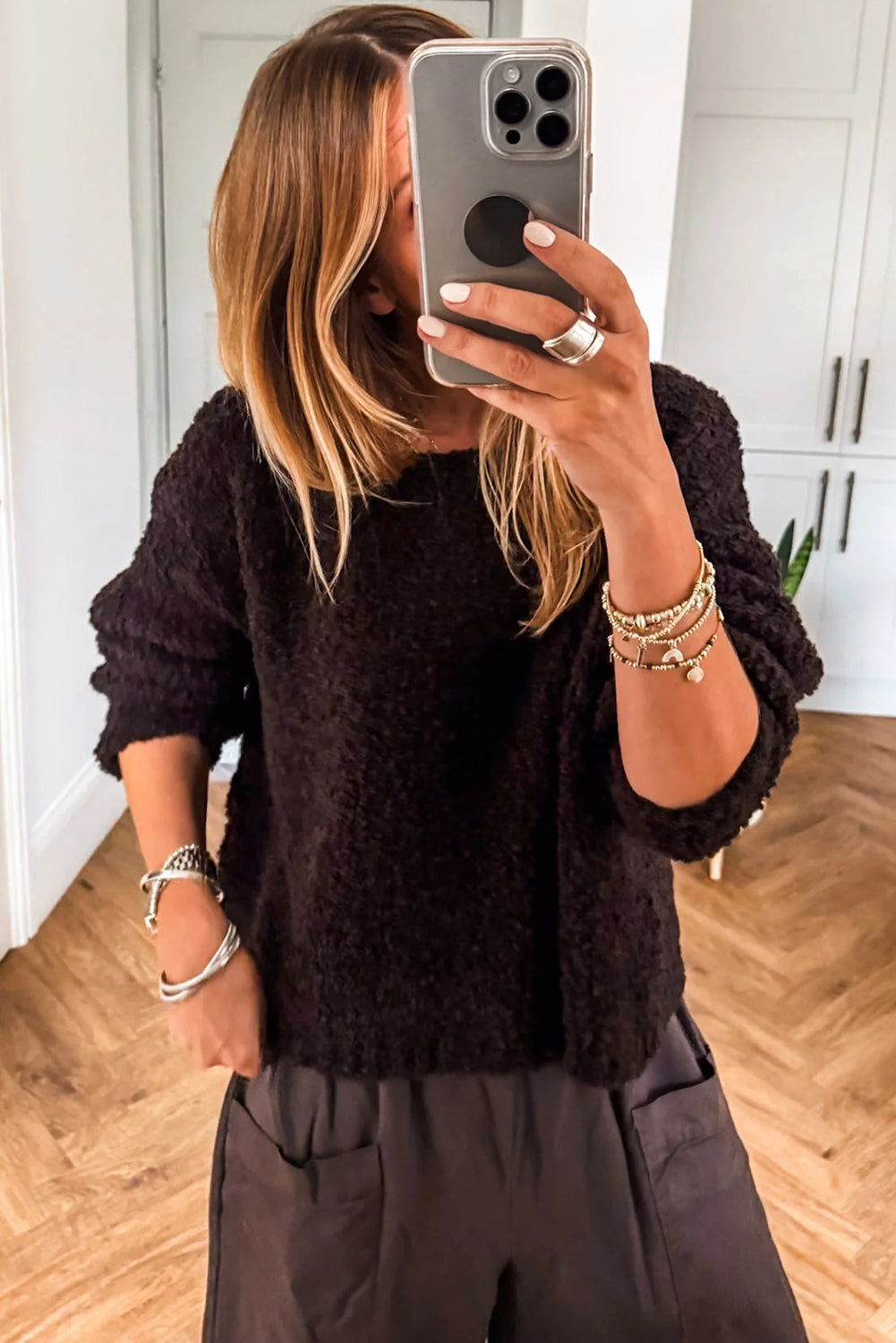 Black Round Neck Fuzzy Knit Drop Shoulder Loose Sweater