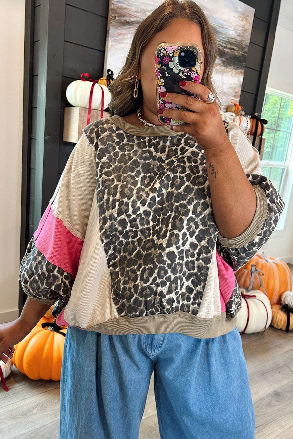 Brown Leopard Print Color Block Patchwork 3/4 Sleeve Loose Top