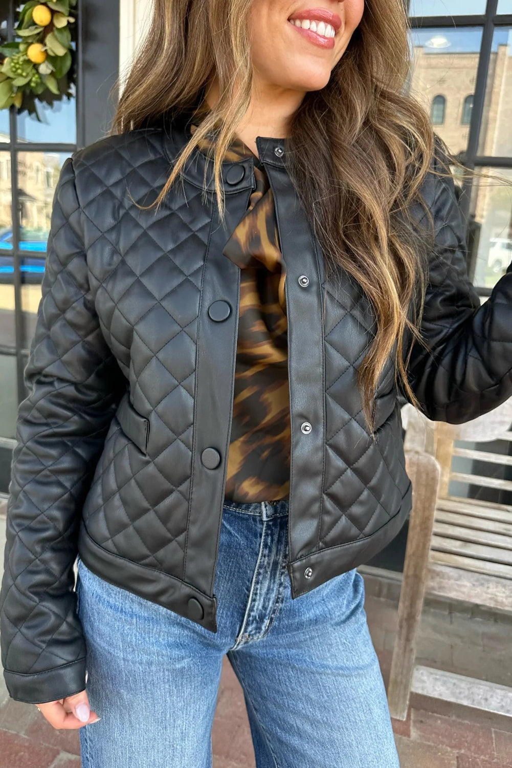 Black Faux Leather Quilted Snap Button Winter Jacket