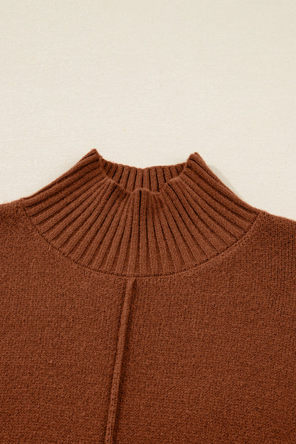 Chestnut Ribbed High Neck Front Pockets Center Seam Shift Sweater Dress
