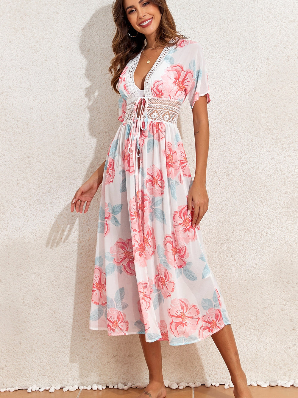 Floral Lace Patchwork White Beach Cover Up with Front Knot