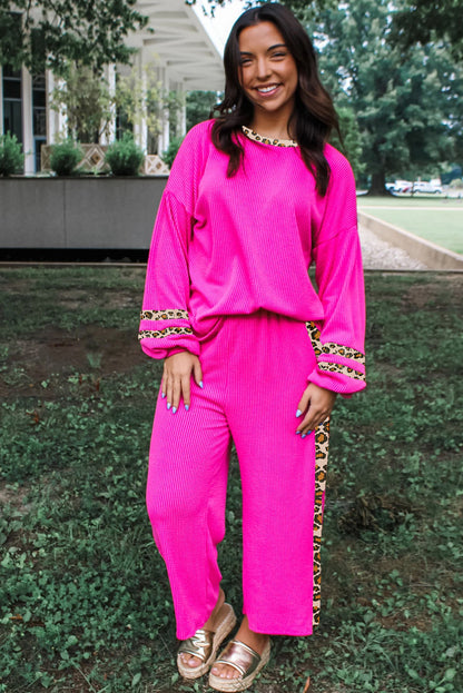 Bright Pink 3D Ribbed Contrast Leopard Trim Loose Pullover Casual Pant Set