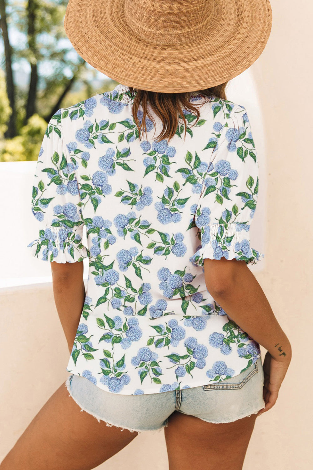 Sky Blue Floral Print Frilly Short Sleeve Striped Trim V Neck Blouse