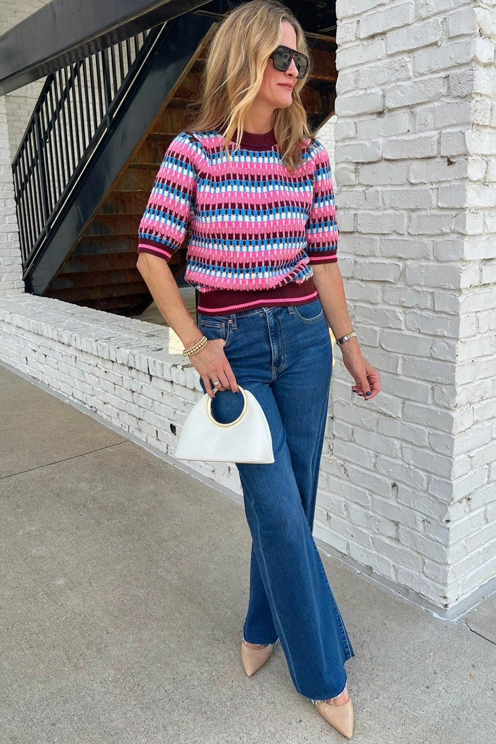 Pink Playful Stripe Knit Short Sleeve Sweater