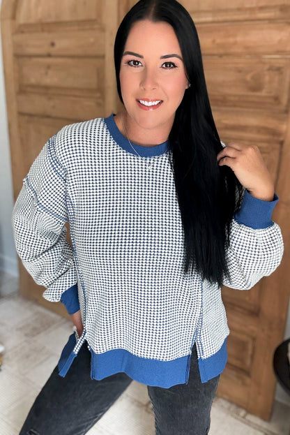 Blue Plus Size Round Neck Textured Knit Exposed Seam Drop Shoulder Sweatshirt