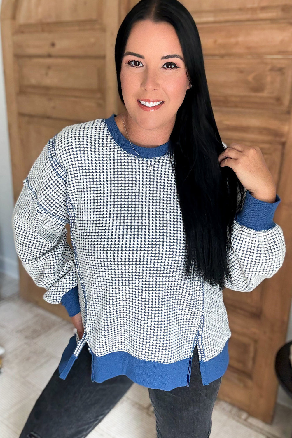 Blue Plus Size Round Neck Textured Knit Exposed Seam Drop Shoulder Sweatshirt