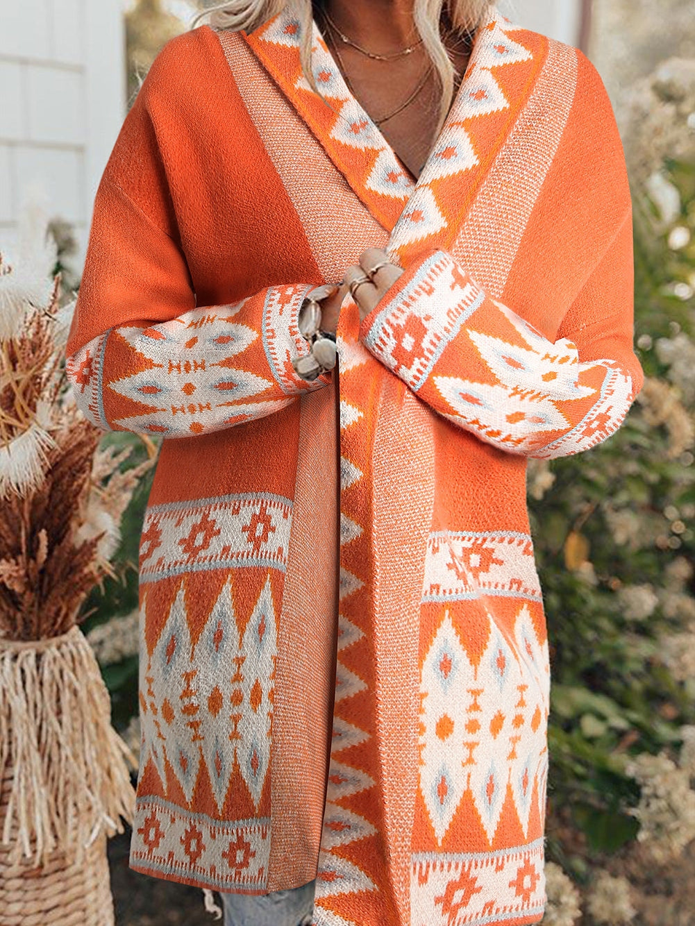 Aztec Print Orange Knit Duster Cardigan with Open Front