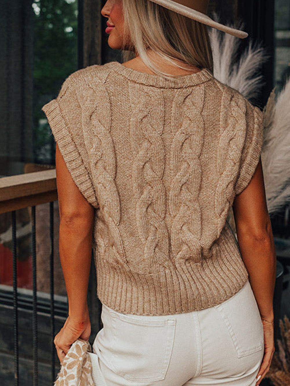 French Beige Cable Knit Sweater with Cap Sleeves