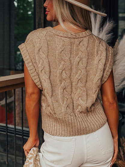 French Beige Cable Knit Sweater with Cap Sleeves