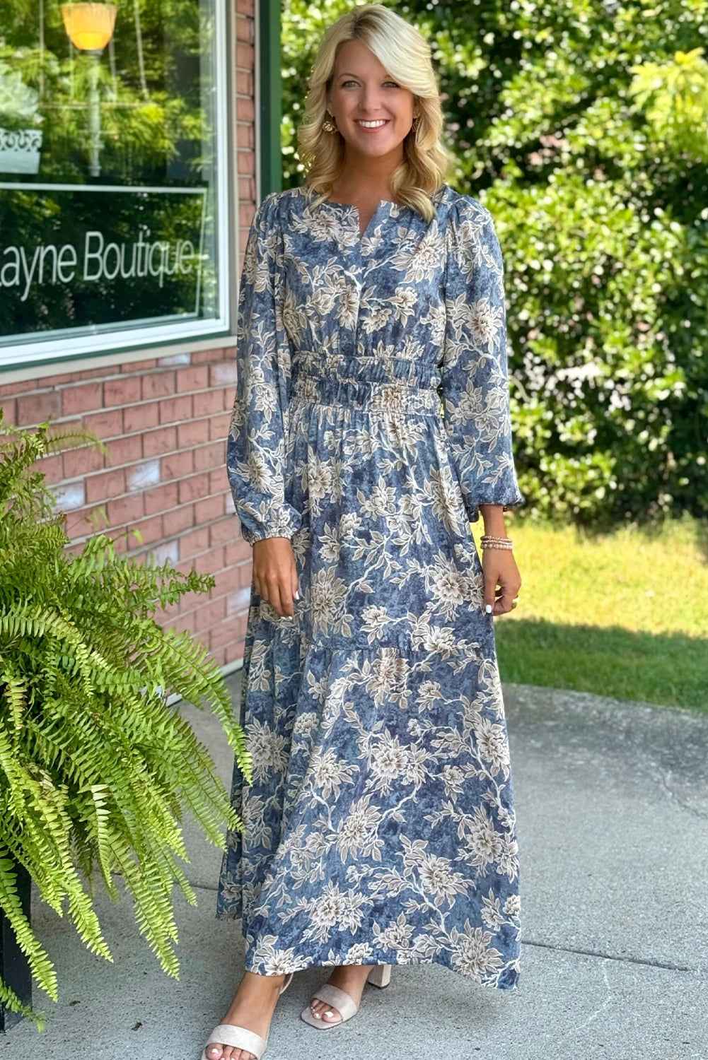 Sky Blue Floral Print Smocked High Waist Long Sleeve Maxi Dress