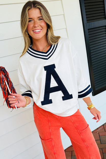 Sail Blue Chenille Letter A Graphic Varsity Striped V Neck Puff Sleeve Sweatshirt