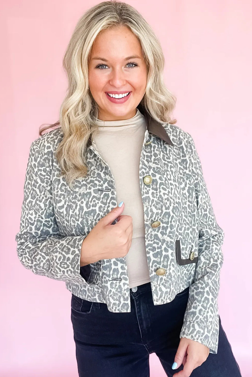 Black Leopard Print Button Flap Contrast PU Leather Collar Patchwork Jacket