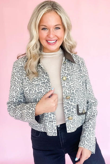 Black Leopard Print Button Flap Contrast PU Leather Collar Patchwork Jacket