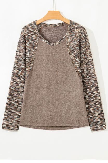 Dark Khaki Contrast Trim V Neck Long Sleeve Patchwork Loose Top