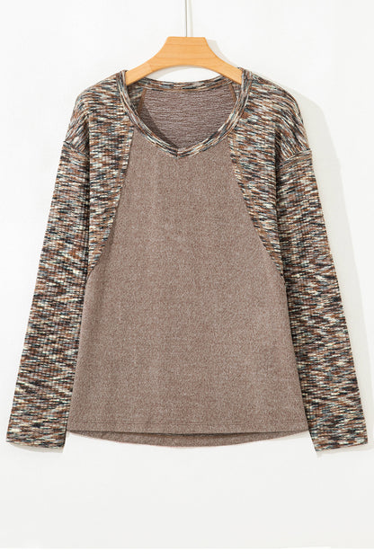 Dark Khaki Contrast Trim V Neck Long Sleeve Patchwork Loose Top