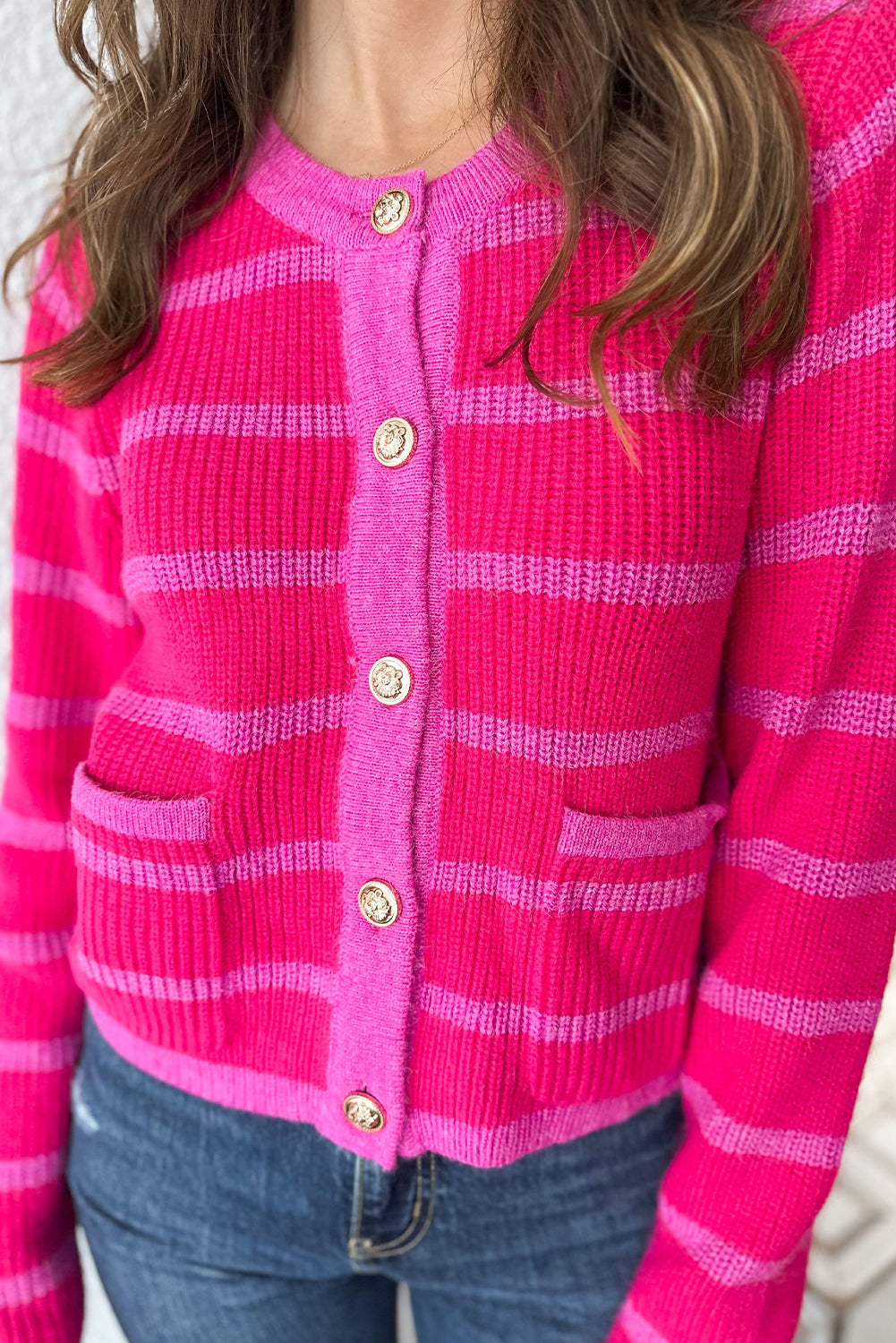 Rose Stripe Double Patch Pocket Button Front Sweater Cardigan