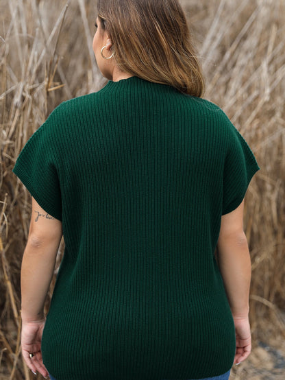 Jungle Green Plus Size Mock Neck Chest Pocket Short Sleeve Sweater