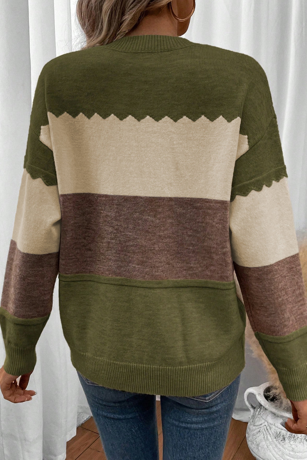 Brown Colorblock Crew Neck Drop Shoulder Sweater