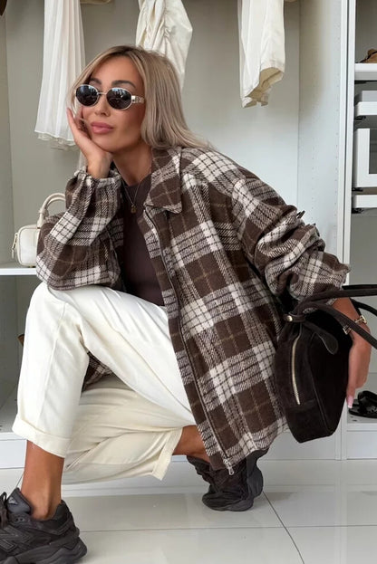 Dark Brown Grid Zipped Front Loose Casual Jacket