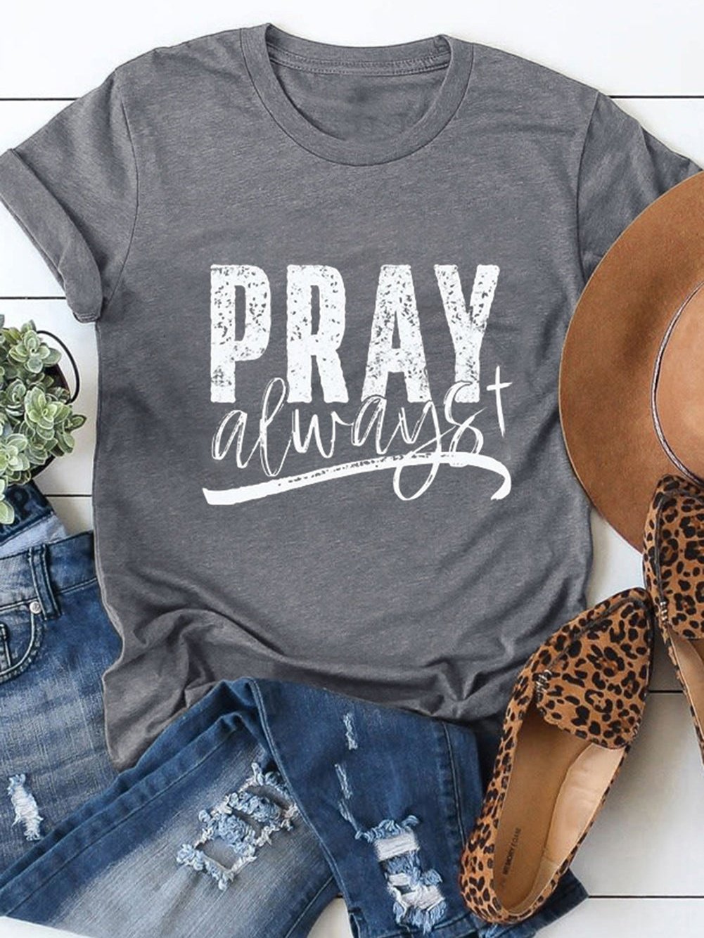 Gray Faithful Prayer Graphic Crew Neck T-Shirt