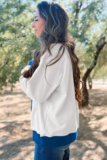 White GAME DAY Letter Graphic Varsity Striped Detail Baggy Sweatshirt