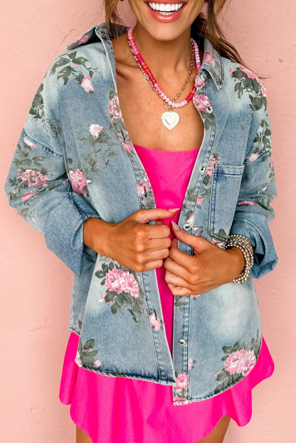 Dusk Blue Floral Print Denim Single Chest Pocket Drop Shoulder Jacket