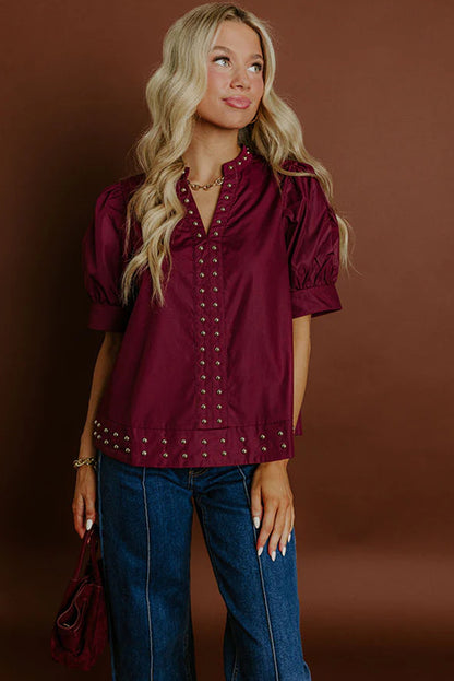 Burgundy Rivet Embellished V Neck Short Puff Sleeve Blouse