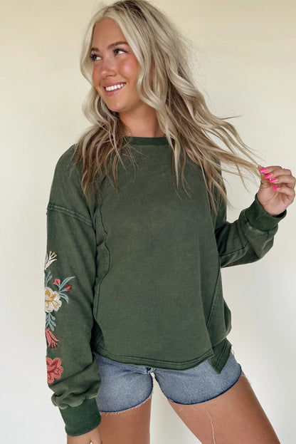 Mist Green Mineral Wash Drop Shoulder Floral Embroidered Sleeve Raw Edge Sweatshirt