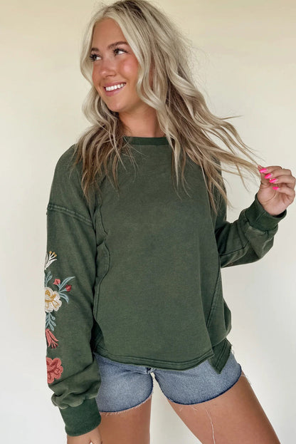 Mist Green Mineral Wash Drop Shoulder Floral Embroidered Sleeve Raw Edge Sweatshirt