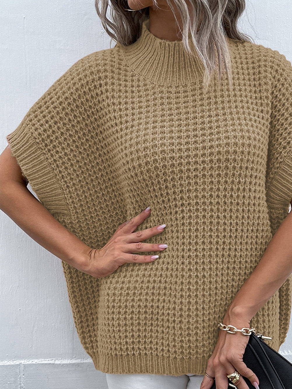 Elegant Light Beige Batwing Sleeve High Neck Knit Sweater for Women