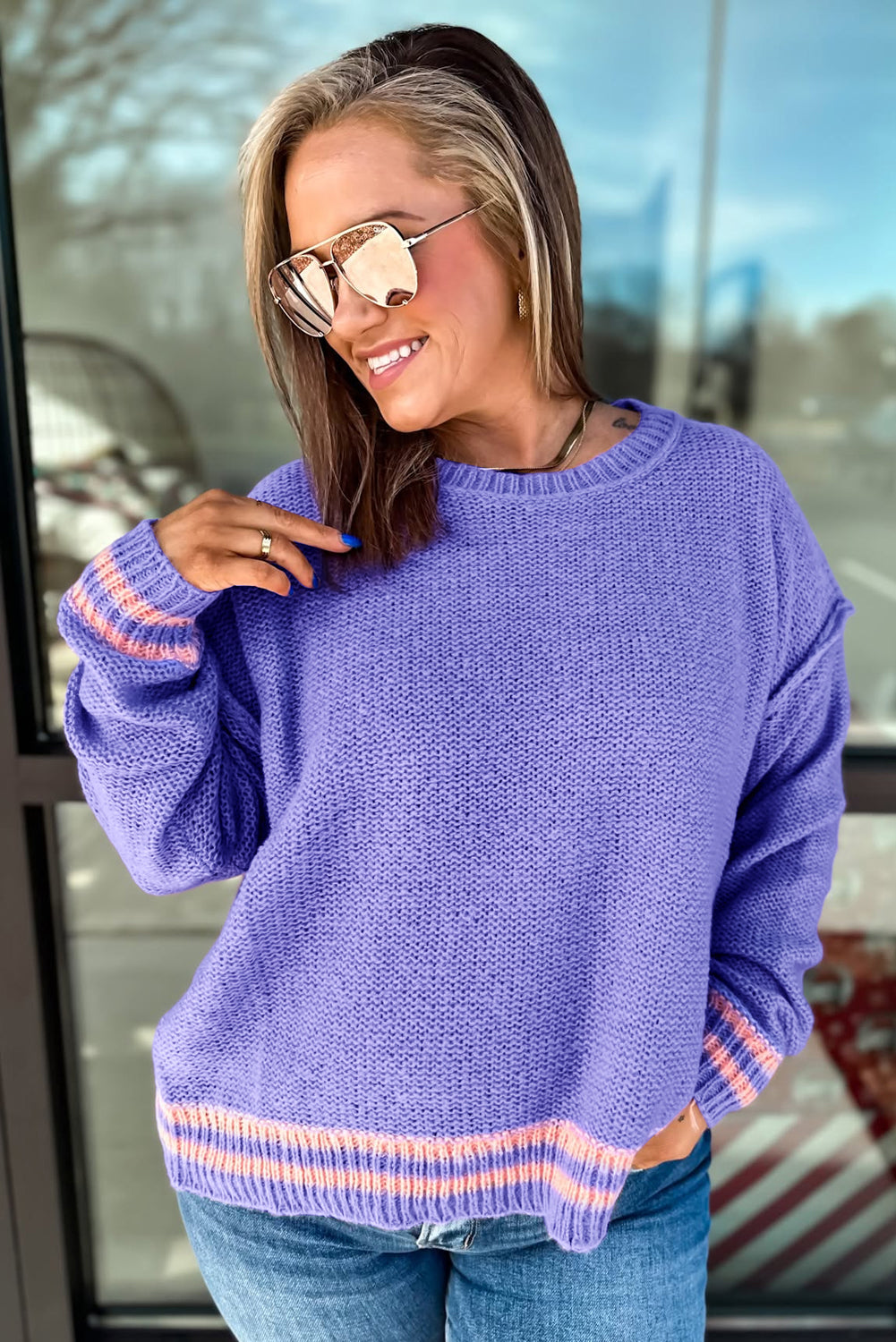 Wisteria Plus Size Striped Trim Drop Shoulder Knit Loose Sweater