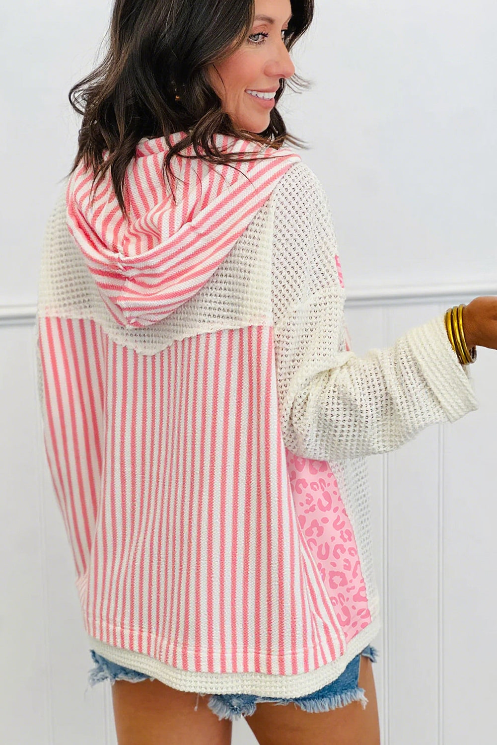 Pink Stripe Leopard Textured Knit Patchwork Hooded Loose Long Sleeve Top