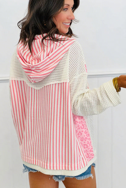 Pink Stripe Leopard Textured Knit Patchwork Hooded Loose Long Sleeve Top