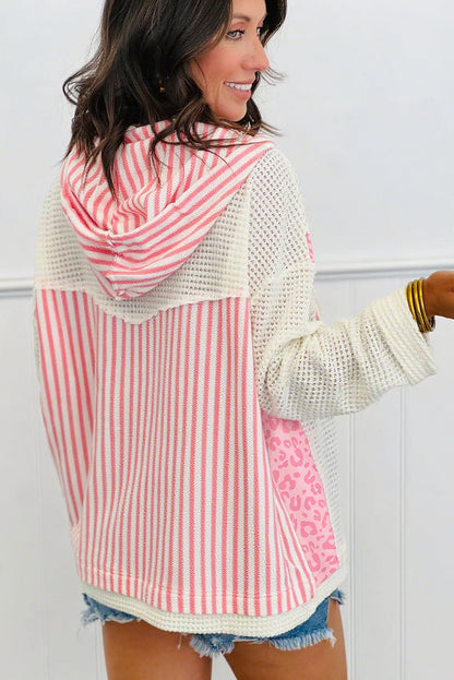 Pink Stripe Leopard Textured Knit Patchwork Hooded Loose Long Sleeve Top