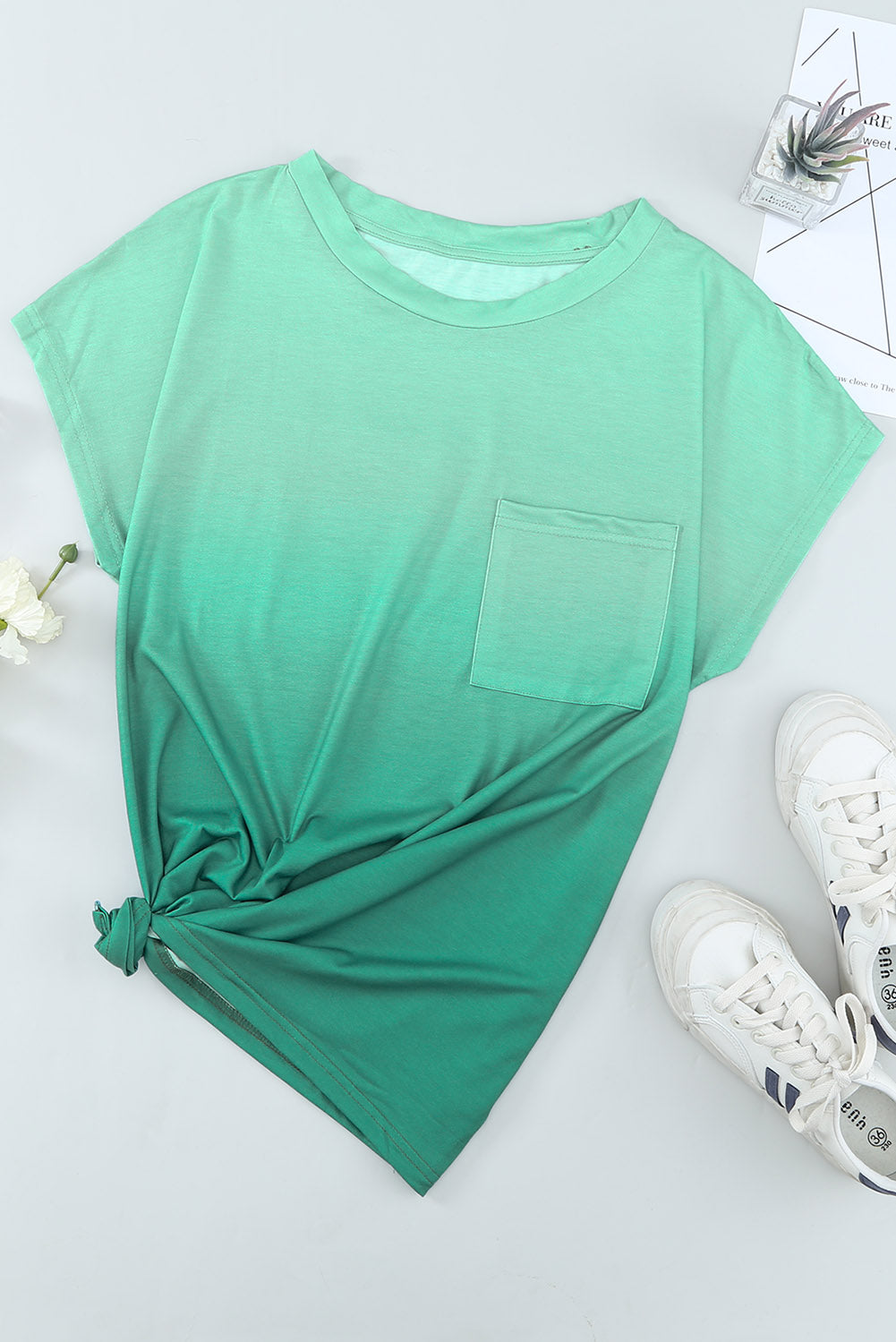 Green Striped Short Sleeve T-Shirt with Pocket and Gradient Color Detail