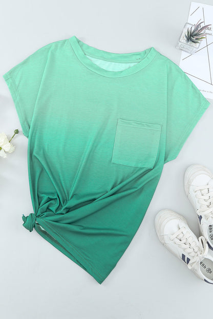 Green Striped Short Sleeve T-Shirt with Pocket and Gradient Color Detail