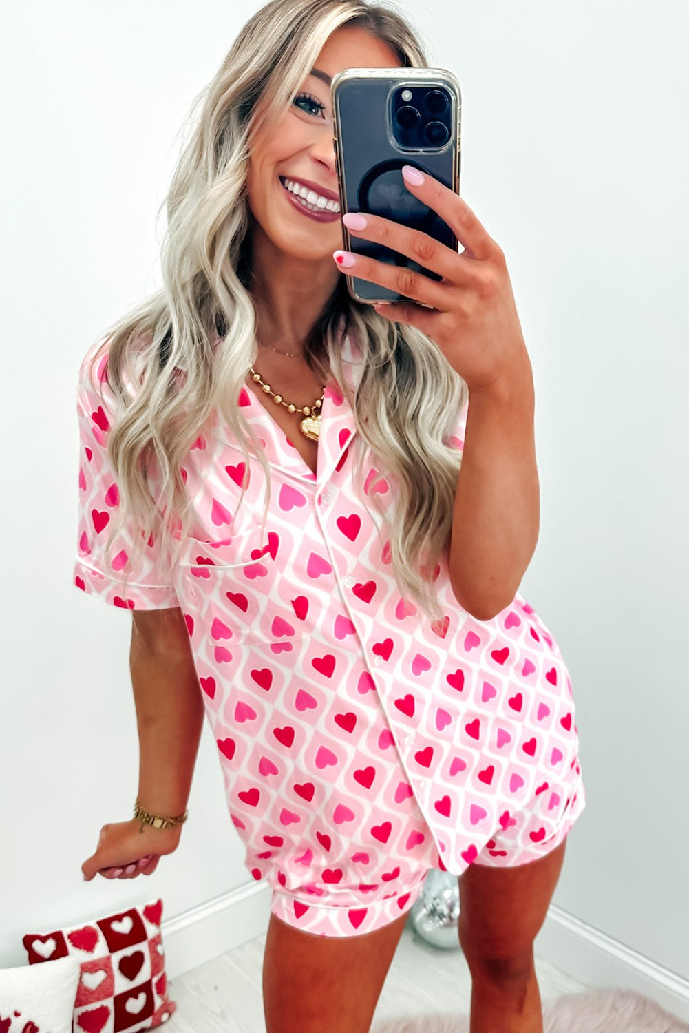 Pink Geometric Heart Print Lapel Shirt Short 2pcs Pajama Set